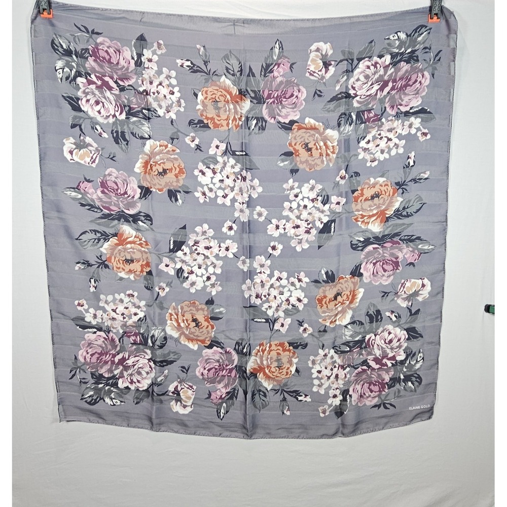 Vintage‎ Elaine Gold Floral Square Scarf Striped Gray Pink Orange L 34x34 Sheer